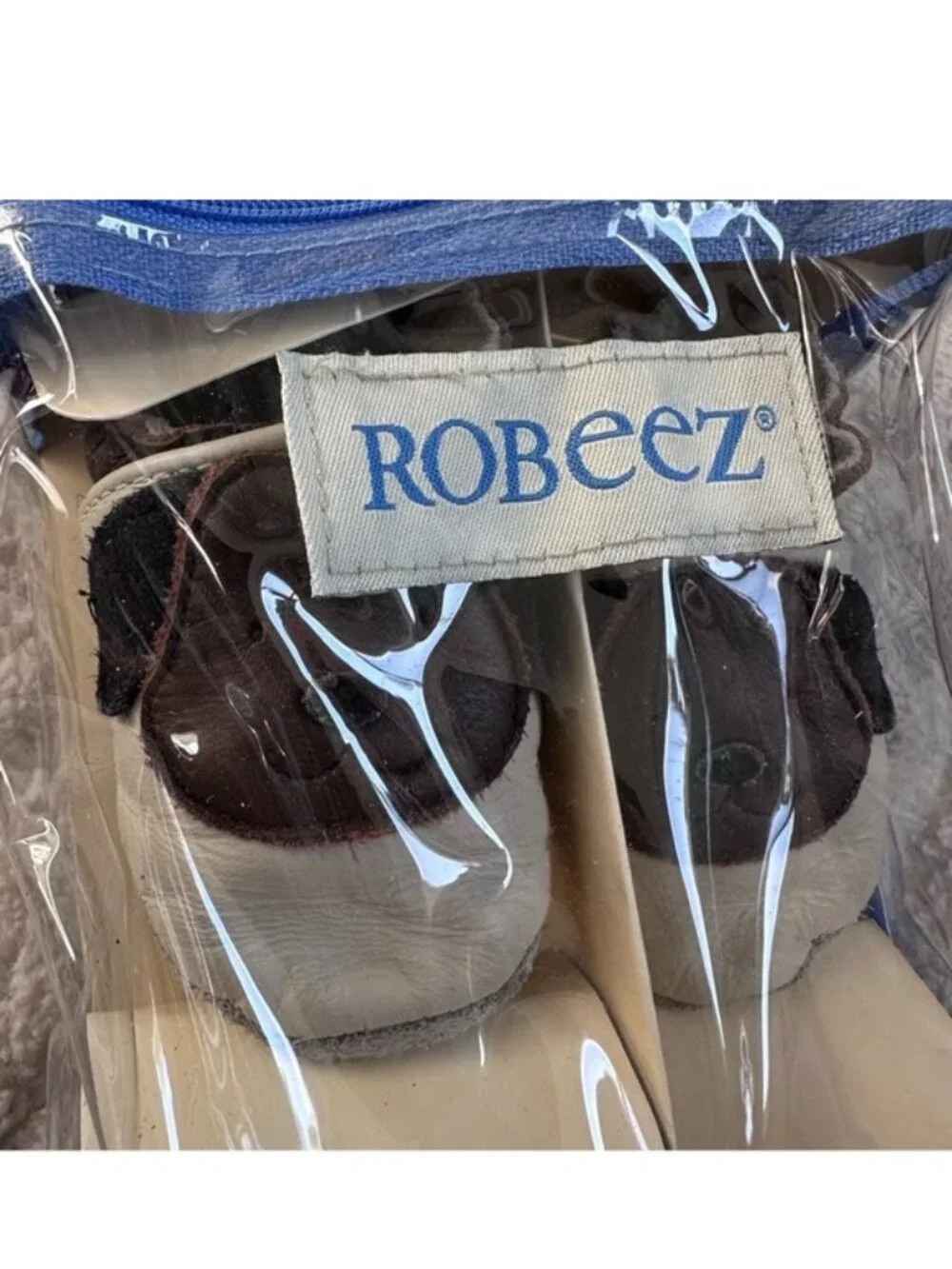 Robeez | Soft Leather Cream and Brown Puppy Moccasin | Size 0-6 Months